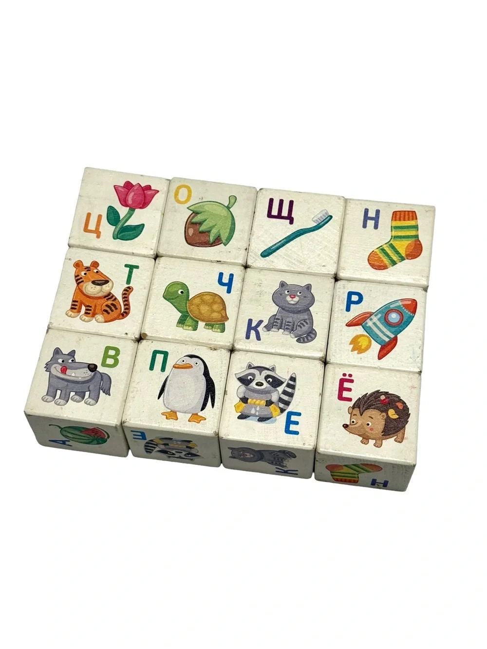 Wooden Russian Alphabet Blocks with Animal & Object Illustrations, 12 count‎